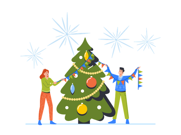 Mulher e homem felizes decoram a árvore de Natal juntos  Ilustração