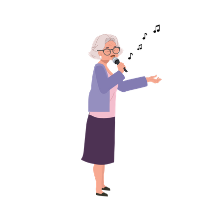 Mulher idosa feliz cantando, idoso ativo desfruta de karaokê expressivo  Ilustração