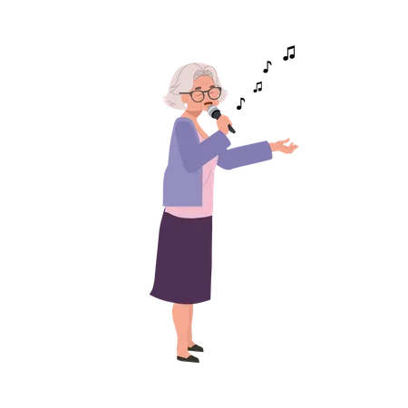 Mulher idosa feliz cantando, idoso ativo desfruta de karaokê expressivo  Ilustração