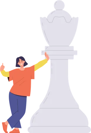 Mulher sorridente feliz parada perto da rainha gigante xadrez  Ilustração
