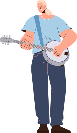 Músico de mulher sorridente feliz tocando guitarra banjo  Ilustração