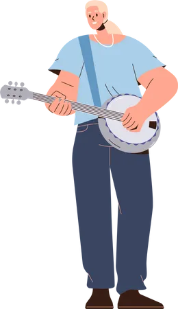 Músico de mulher sorridente feliz tocando guitarra banjo  Ilustração