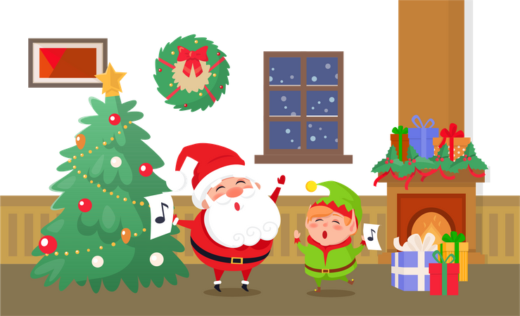 Celebração de Feliz Natal de Elfo e Papai Noel  Ilustração