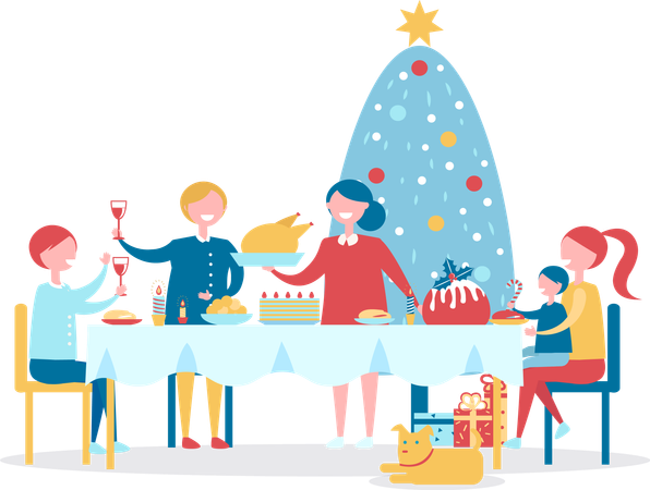 Jantar de Feliz Natal em Família  Ilustração