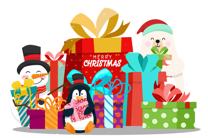 Caja de regalo de feliz Navidad con muñeco de nieve y animal.  Ilustración