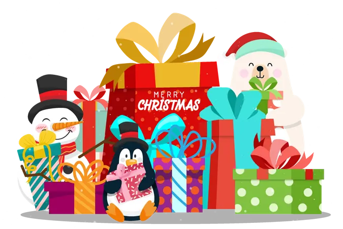 Caja De Regalo De Feliz Navidad Con Muneco De Nieve Y Animales Encantadores Como Pinguinos Y Osos Polares En La Noche Con Una Estrella En El Fondo Ilustracion Vectorial Ilustración
