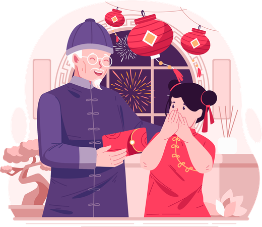 Feliz niña asiática recibiendo un sobre rojo o dinero de la suerte de su abuelo para celebrar el año nuevo chino  Ilustración