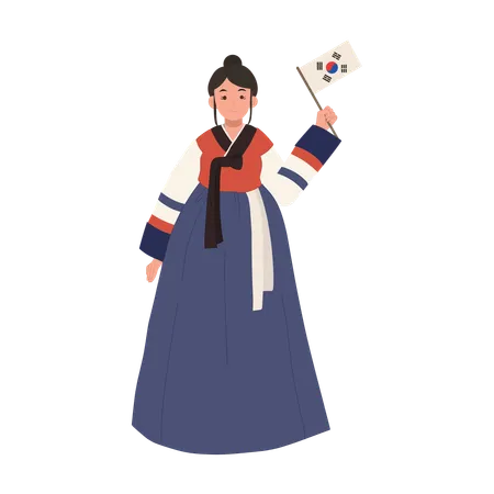 Feliz niña coreana vistiendo hanbok con la bandera de corea del sur  Ilustración