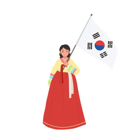 Feliz niña coreana vistiendo hanbok con la bandera de corea del sur  Ilustración