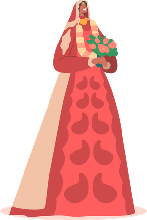 Feliz novia india con vestido largo rojo con ramo  Ilustración