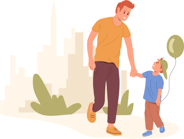 Feliz padre e hijo caminando juntos en el parque de la ciudad pasando tiempo divertido juntos afuera  Ilustración