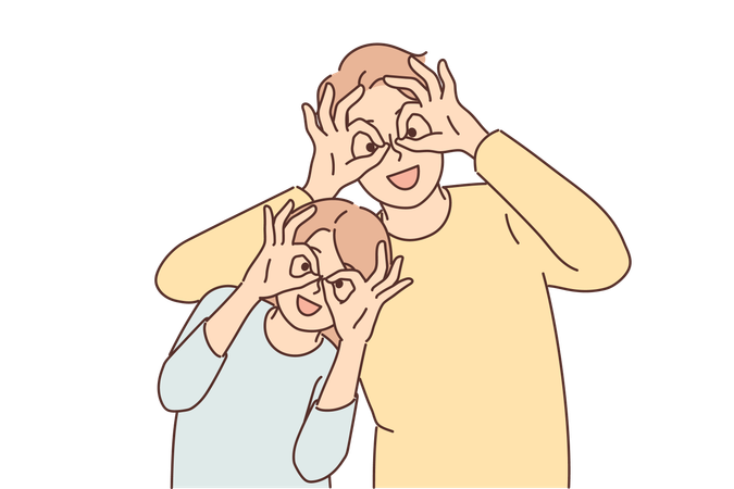 Pai e filha felizes fazem caretas para se divertir colocando os dedos nos olhos em vez de óculos  Ilustração
