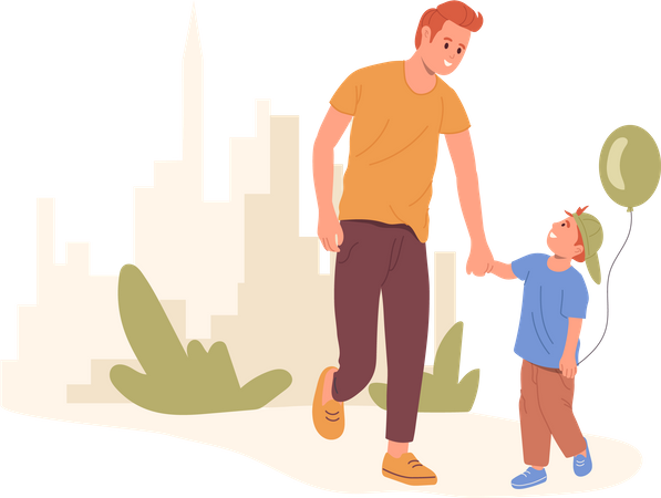 Feliz pai e filho caminhando juntos no parque da cidade, passando momentos divertidos juntos lá fora  Ilustração