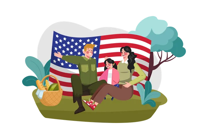 Feliz pai militar reunido com esposa e filhos  Ilustração