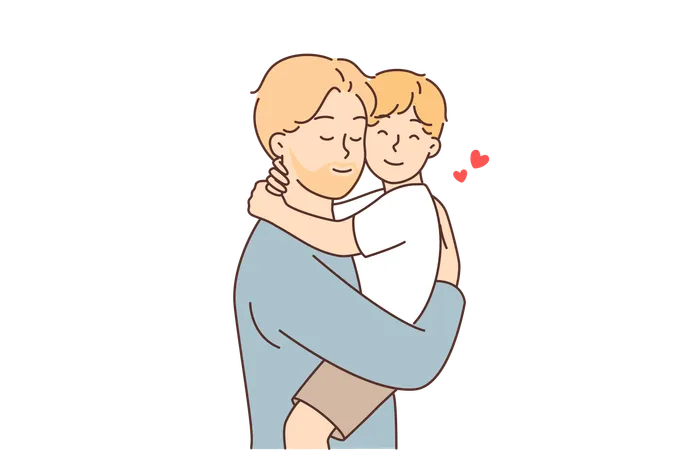 Feliz pai segura e abraça o filho pequeno  Ilustração