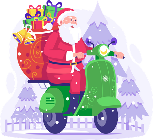 Feliz Papá Noel con cajas de regalo montando scooter para entregar regalos el día de Navidad  Ilustración