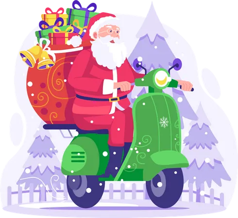 Feliz Papá Noel con cajas de regalo montando scooter para entregar regalos el día de Navidad  Ilustración