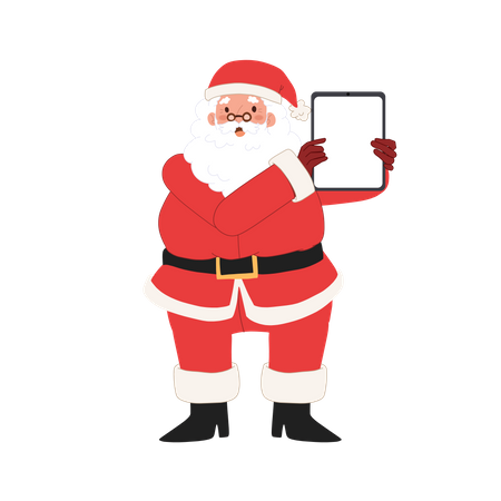 Feliz Papá Noel muestra la pantalla de la tableta en blanco  Ilustración