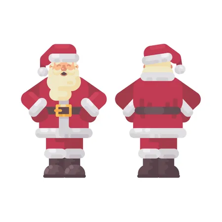 Feliz Papai Noel em pé com as mãos na cintura, vistas frontal e traseira. Ilustra??o plana de personagem de Natal  Ilustração