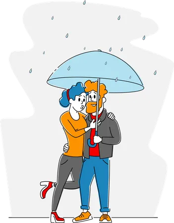 Feliz pareja amorosa abrazándose caminando en tiempo lluvioso bajo el paraguas  Ilustración