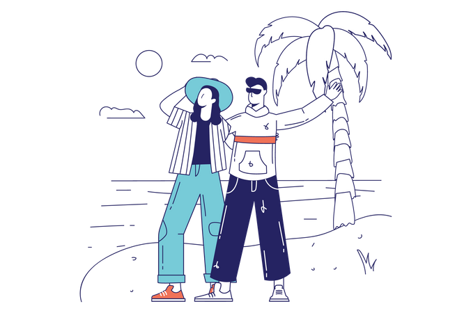 Feliz pareja caminando por la playa  Ilustración