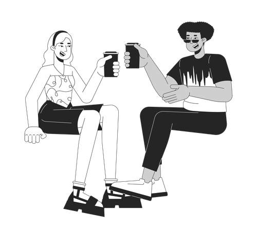 Feliz pareja diversa con bebidas  Ilustración