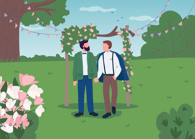 Feliz pareja gay el día de la boda  Ilustración