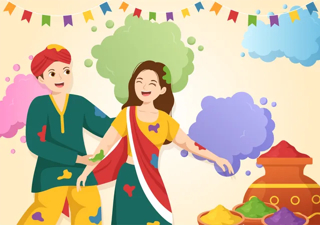 Feliz pareja india celebra Holi  Ilustración