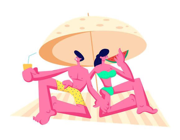 Feliz pareja joven relajándose en la playa  Ilustración