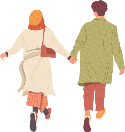 Feliz pareja joven vistiendo ropa de otoño caminando juntos tomados de la mano divirtiéndose  Ilustración