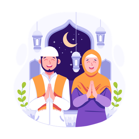 Feliz pareja saludando eid ramadán al-fitr  Ilustración