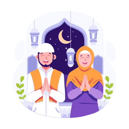 Feliz pareja saludando eid ramadán al-fitr  Ilustración