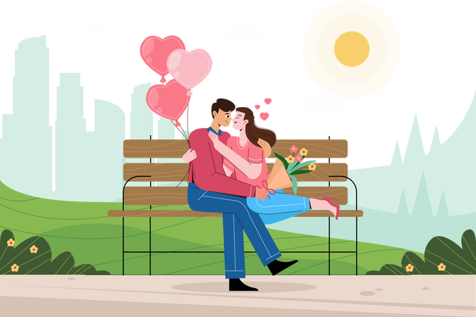 Una pareja feliz sentada en un banco disfruta de su San Valentín en el parque  Ilustración