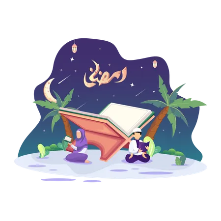 Feliz Ilustracion Del Concepto De Ramadan Pareja Musulmana Leyendo Y Estudiando El Coran Durante El Mes Sagrado De Ramadan Kareem Ilustración