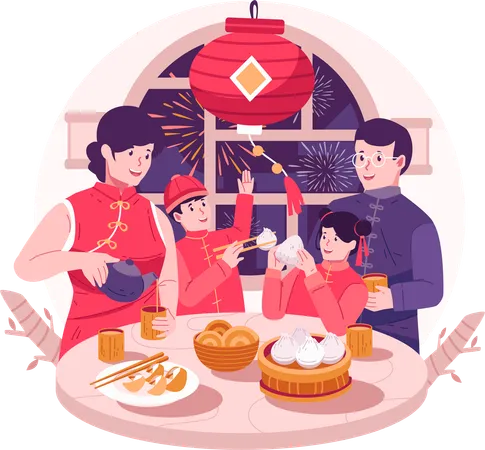 Feliz familia asiática reuniéndose para tener una cena de reunión y disfrutar de sabrosos platos tradicionales  Ilustración