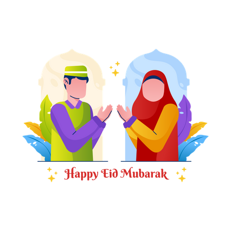 Feliz saludo de Eid Mubarak por una pareja musulmana  Ilustración