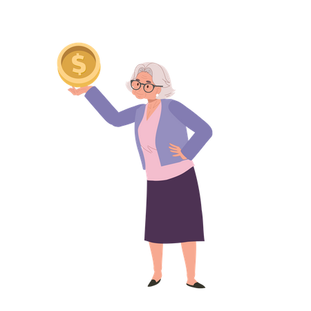 Feliz señora mayor sonriendo mientras sostiene una moneda grande  Ilustración
