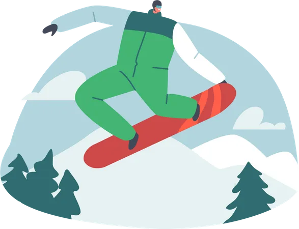 Snowboarder feliz andando de snowboard nas encostas de neve no inverno  Ilustração