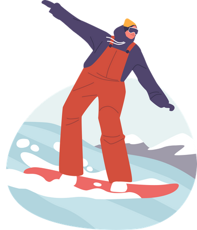 Feliz snowboarder montando snowboard  Ilustración