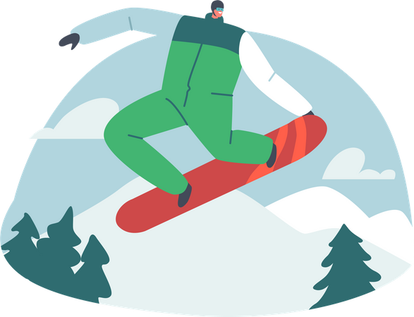 Feliz snowboarder montando snowboard en pistas de nieve en invierno  Ilustración