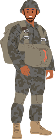 Feliz sonriente valiente soldado militar de infantería con uniforme de camuflaje  Ilustración