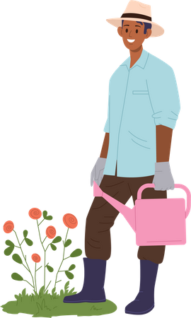 Feliz jardineiro masculino sorridente regando canteiro de flores de lata  Ilustração