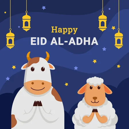 Felices vacas y ovejas celebrando el día sagrado eid al adha  Ilustración