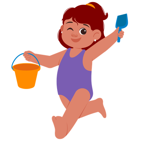 Feliz Verano Chica sosteniendo juguetes de playa mientras va a jugar en la arena  Ilustración
