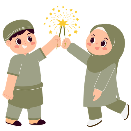 Crianças muçulmanas felizes comemorando Eid Mubarak com wok de fogo  Ilustração