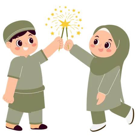 Crianças muçulmanas felizes comemorando Eid Mubarak com wok de fogo  Ilustração