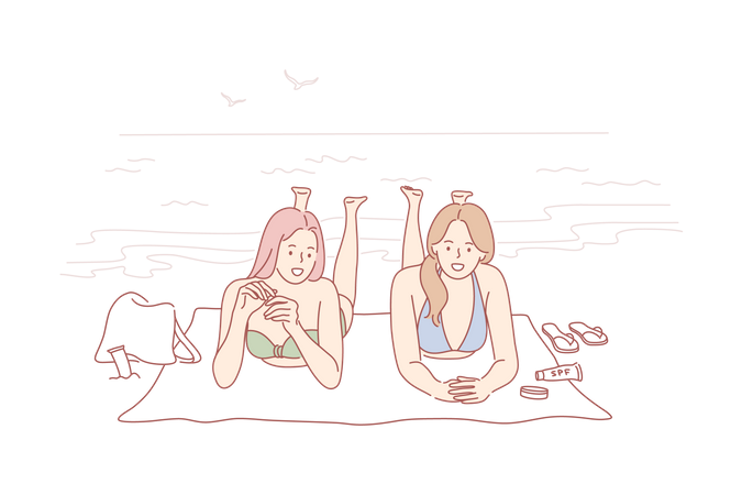 Felizes duas garotas deitadas na praia oceânica tomando banho de sol juntas  Ilustração