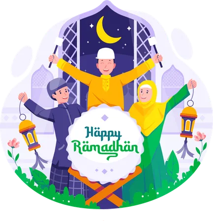 Felizes jovens crianças muçulmanas celebram Ramadan Kareem  Ilustração