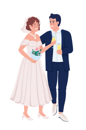 Felizes recém-casados bebendo vinho espumante  Ilustração