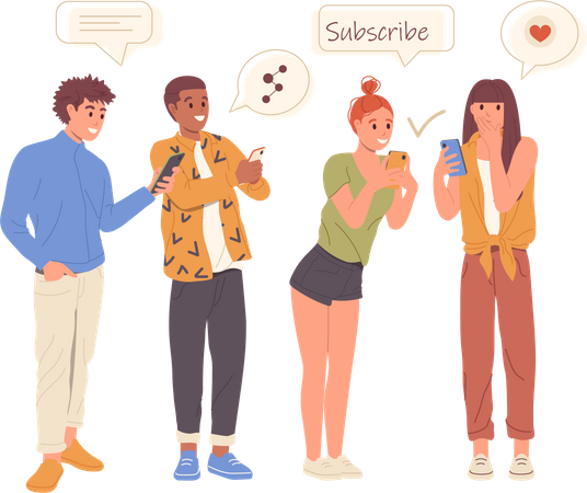 Felizes usuários de mídia social  Ilustração